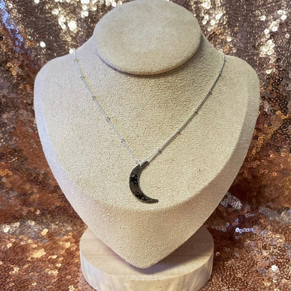 Silver Crescent Moon Hammered Pendant Beaded Necklace